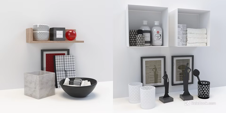 Stylish Bathroom Accessories With Black And White Design Storage Jars Candle Holders On Wall Shelves 3d model 