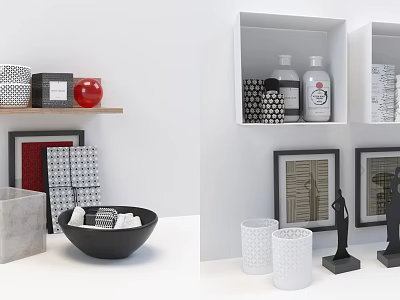 Stylish Bathroom Accessories With Black And White Design Storage Jars Candle Holders On Wall Shelves 3d model