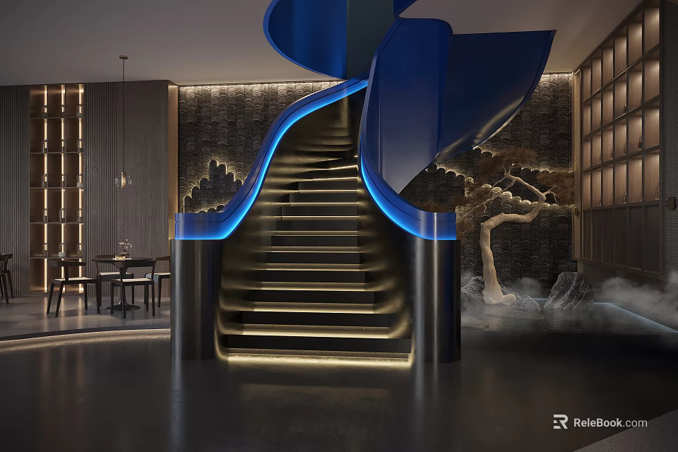 Blue Spiral Staircase In Modern Interior Design With Ambient Lighting Textured Wall And Sleek Floor 3d model 