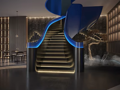 Blue Spiral Staircase In Modern Interior Design With Ambient Lighting Textured Wall And Sleek Floor 3d model