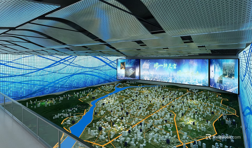 Commercial Equipment for Urban Planning Display with Large Screens and Detailed Model in Exhibition Hall 3d model 
