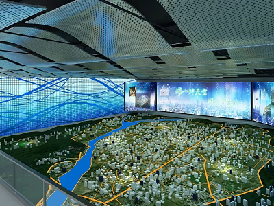 Commercial Equipment for Urban Planning Display with Large Screens and Detailed Model in Exhibition Hall 3d model