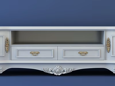 Elegant White TV Stand With Golden Accents And Carved Drawer Details 3d model