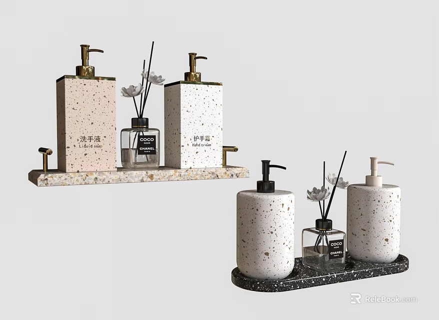 Modern Stylish Bathroom Accessories With Speckled Soap Dispensers Diffuser Bottles And Tray 3d model 