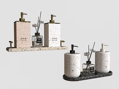 Modern Stylish Bathroom Accessories With Speckled Soap Dispensers Diffuser Bottles And Tray 3d model