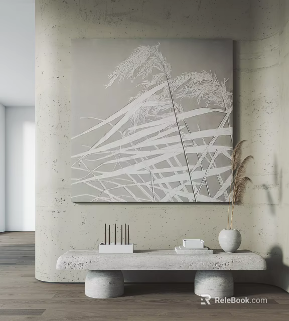 Minimalist Interior Decor Featuring Large Gray Wall Painting White Reed Patterns Console Table And Vase 3d model