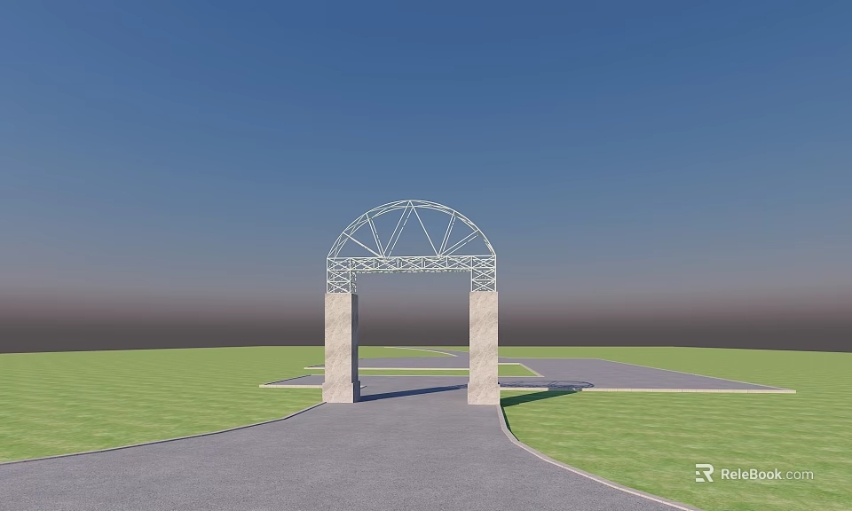Arched Metal Frame Memorial Archway With Stone Pillars On Green Lawn Under Blue Sky 3d model 