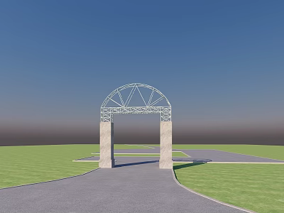 Arched Metal Frame Memorial Archway With Stone Pillars On Green Lawn Under Blue Sky 3d model