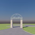 Arched Metal Frame Memorial Archway With Stone Pillars On Green Lawn Under Blue Sky