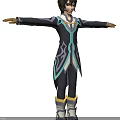 Game Movie Character Outfit with Dark Blue Light Blue Accents Yellow Trim and Outstretched Arms