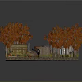 3D Model of Natural Outdoor Scene With Red Trees and Small Houses