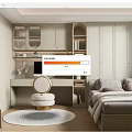 Tatami Bedroom Interior With Built-in Cabinets Desk Round Stool And Decorative Rug