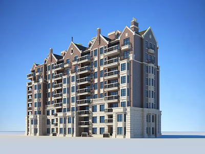 Modern Multi Story Residential Building With Brown And Beige Exterior Multiple Balconies And Decorative Rooftops 3d model