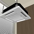 Modern Ceiling Mounted Air Conditioner Fan In Indoor Room With Wooden Wall And Window Blinds