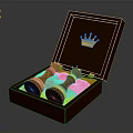 Elegant Wooden Box Open With Red Lining Containing Two Scepters And Golden Crown On Lid