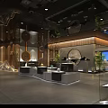 Chinese Style Showroom Interior Featuring Display Cabinets Circular Decorations Green Plants And Lighting