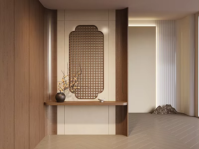 Modern Entryway Hallway With Wooden Walls Decorative Lattice Mirror Shelf And Herringbone Flooring 3d model