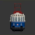 Blue And White Tram Model With Red Top Structure And Windows On Reflective Surface 3d model