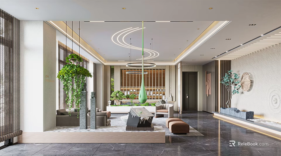 Modern Leisure Area Interior With Green Plants Comfortable Sofa And Decorative Pendant Lights 3d model 