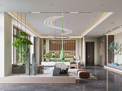 Modern Leisure Area Interior With Green Plants Comfortable Sofa And Decorative Pendant Lights 3d model
