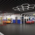 4S Dealership Showroom Interior Featuring Red Orange Cars SUV And Display Lighting Facilities