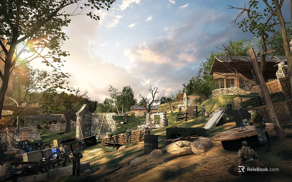 Scenic Outdoor Area With Wooden Cabins Green Trees People And Sunny Sky Background 3d model 