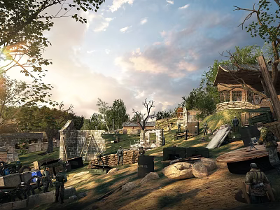 Scenic Outdoor Area With Wooden Cabins Green Trees People And Sunny Sky Background 3d model