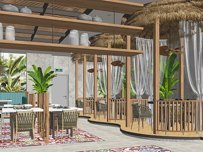 Cozy Hotpot Restaurant Interior Featuring Wooden Structure Thatched Roof White Curtains And Green Plants 3d model