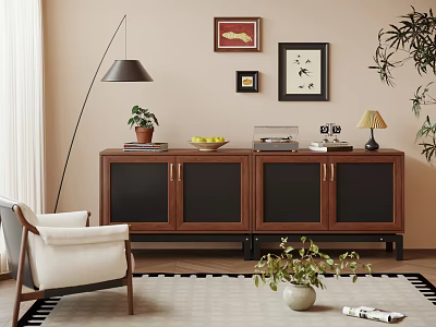 Modern Wooden Entryway Cabinet Sideboard Interior With Storage Plants And Framed Art 3d model