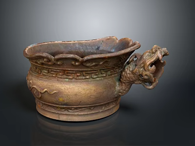 Traditional Decorative Brass Container with Dragon Head Handle and Intricate Carved Patterns 3d model