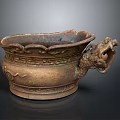 Traditional Decorative Brass Container with Dragon Head Handle and Intricate Carved Patterns