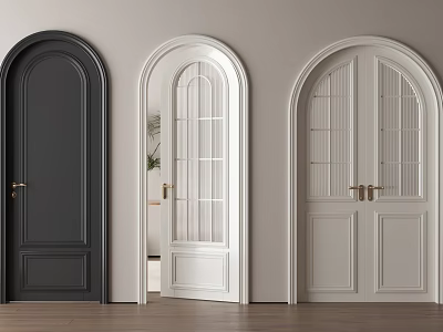Arched Hinged Doors In Black White Light Gray With Glass Panes Brass Handles One Open 3d model