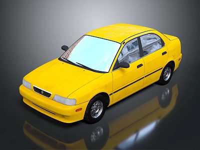 Yellow Compact Car with Shiny Exterior and Clear Windows on Dark Reflective Surface 3d model
