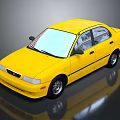 Yellow Compact Car with Shiny Exterior and Clear Windows on Dark Reflective Surface