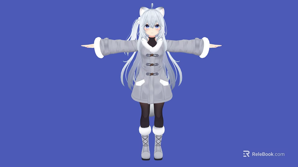 Anime Game Character With Cat Ears Long Hair Gray Coat And Blue Background 3d model 