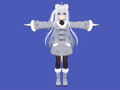 Anime Game Character With Cat Ears Long Hair Gray Coat And Blue Background 3d model