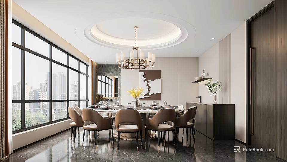 Modern Private Dining Room Interior with Round Table Chairs Chandelier Large Windows City View Decorative Painting 3d model 