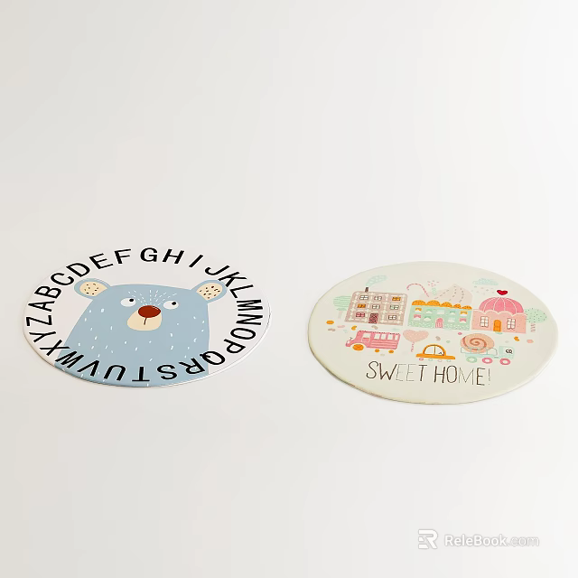 Cute Round Carpet with Cartoon Bear Alphabet Letters and Sweet Home Design for Kids Room 3d model 