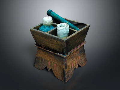 Traditional Wooden Container With Stand Base Green Pestle And White Mortar 3d model