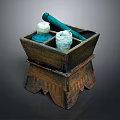 Traditional Wooden Container With Stand Base Green Pestle And White Mortar