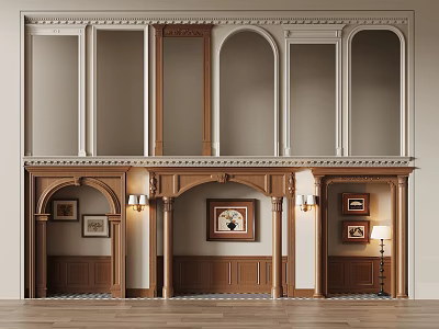 Classical Wooden Door Arches With Ornate Moldings Wall Lamps And Clock Interior 3d model