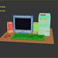 Vintage LITE Desktop Computer Setup With Monitor Keyboard Mouse And Speakers On Orange Platform