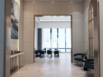 Modern Lounge Area Interior Design With Large Windows Dining Table Chairs And Pendant Lights 3d model