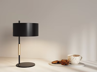 Modern Black Table Lamp With Golden Accent Coffee Cup And Cookies On Table 3d model