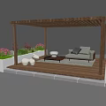 Wooden Pergola Outdoor Living Space With Sofa Coffee Table And Flower Planters