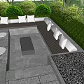 Outdoor Landscape Seating With Stone Wall Greenery Stone Flooring White Cushions And Black Table