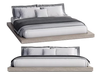 Modern Double Bed Design With Wooden Platform Frame White Mattress And Gray Bedding 3d model