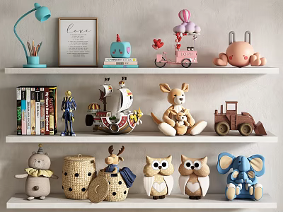 Decorative Ornament Set on Shelves with Toy Figures Books and Animal Ornaments 3d model