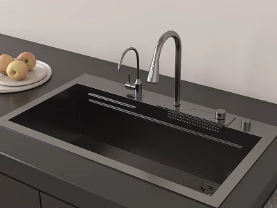 Modern Black Stainless Steel Kitchen Sink With Dual Faucets And Apples On Plate 3d model