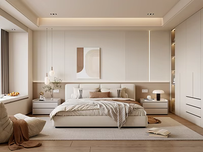 Modern Minimalist Bedroom Interior With Beige Bed Pendant Lights Wardrobe And Rug 3d model